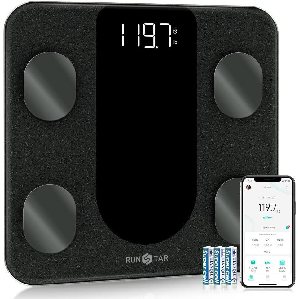 image:imageRunSTAR Smart Scale for Body Weight Digital Bathroom Scale BMI Weighing Body Fat Scale Body Composition Monitor Health Analyzer with Smartphone App 400 lbs  Black4 electrodes