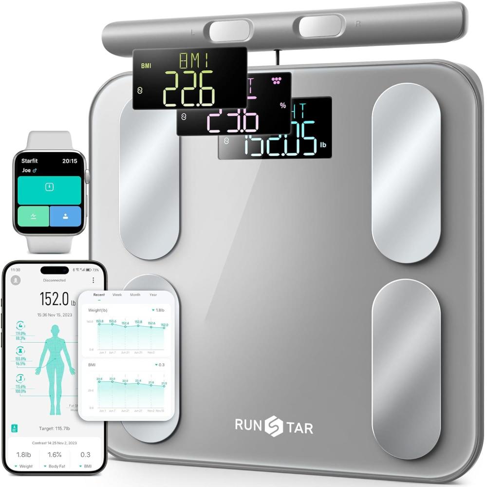 image:imageRunStar Digital Bathroom Scale for Body Weight Body Fat BMI 28 Measurements Innovative 8Electrode Smart Scales FSAampHSA Eligible with Voice Prompt Function High Accurate Bluetooth Weight MachineGrey
