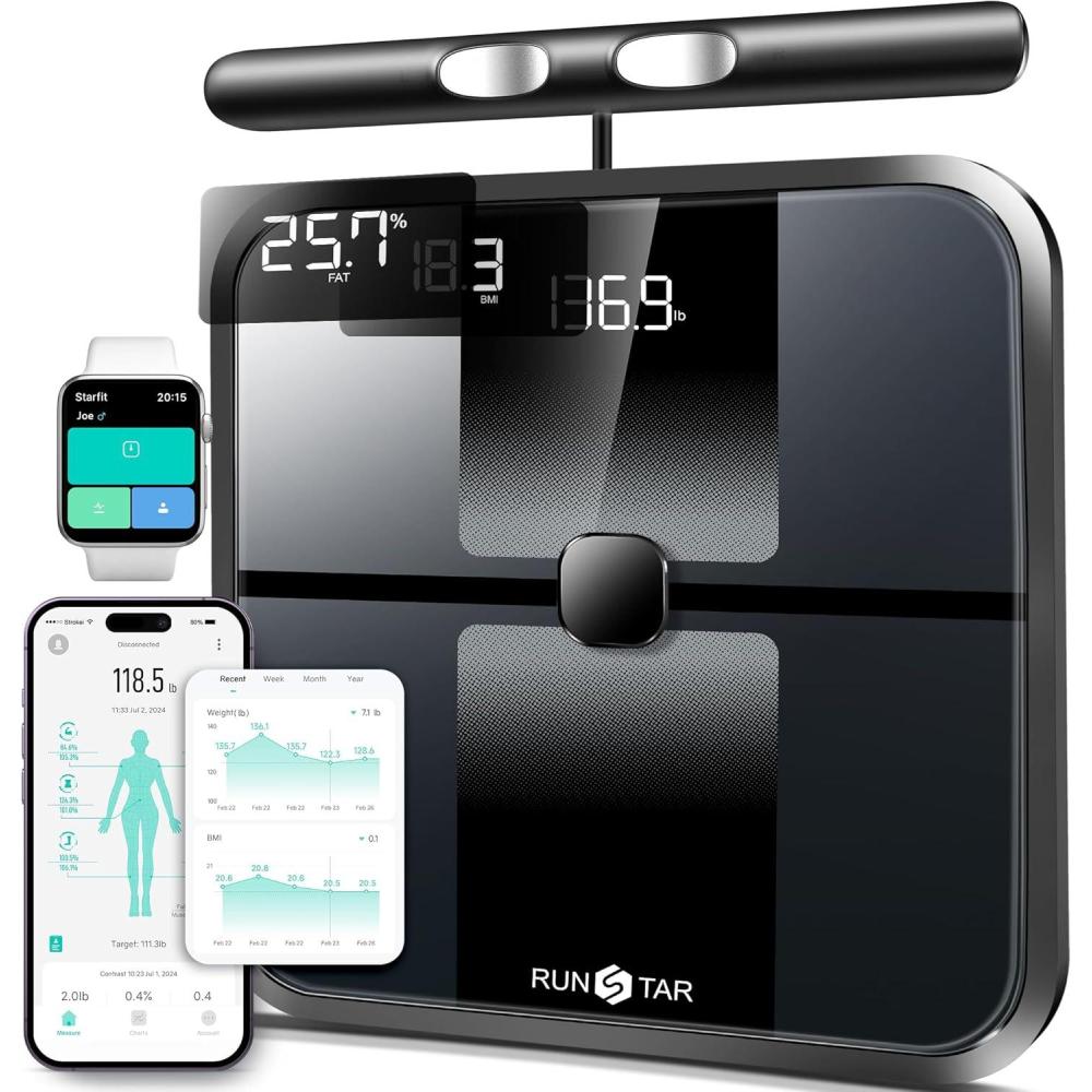 image:imageRunStar Scale for Body Weight and Fat FullBody Bathroom Scale with 8 Electrodes for BMI Muscle Mass HighAccuracy Body Composition Monitor with 28 Metrics amp App Connectivity 3Metric Display