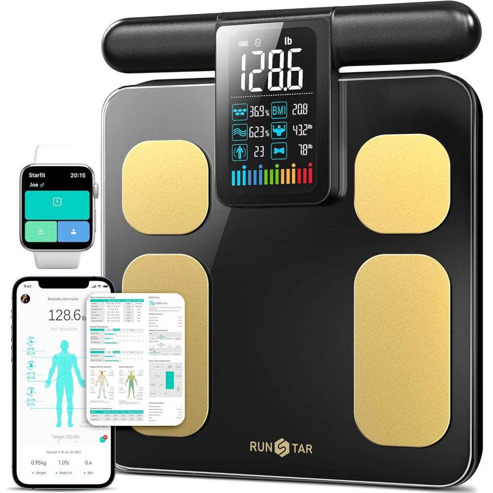 image:imageRunStar Scale for Body Weight and Fat Percentage 8 Electrodes High Precision Digital Scale for BMI 28 Body Composition Measurement Bathroom Smart Scales with Large Color Display FSAampHSA EligibleBlackGold
