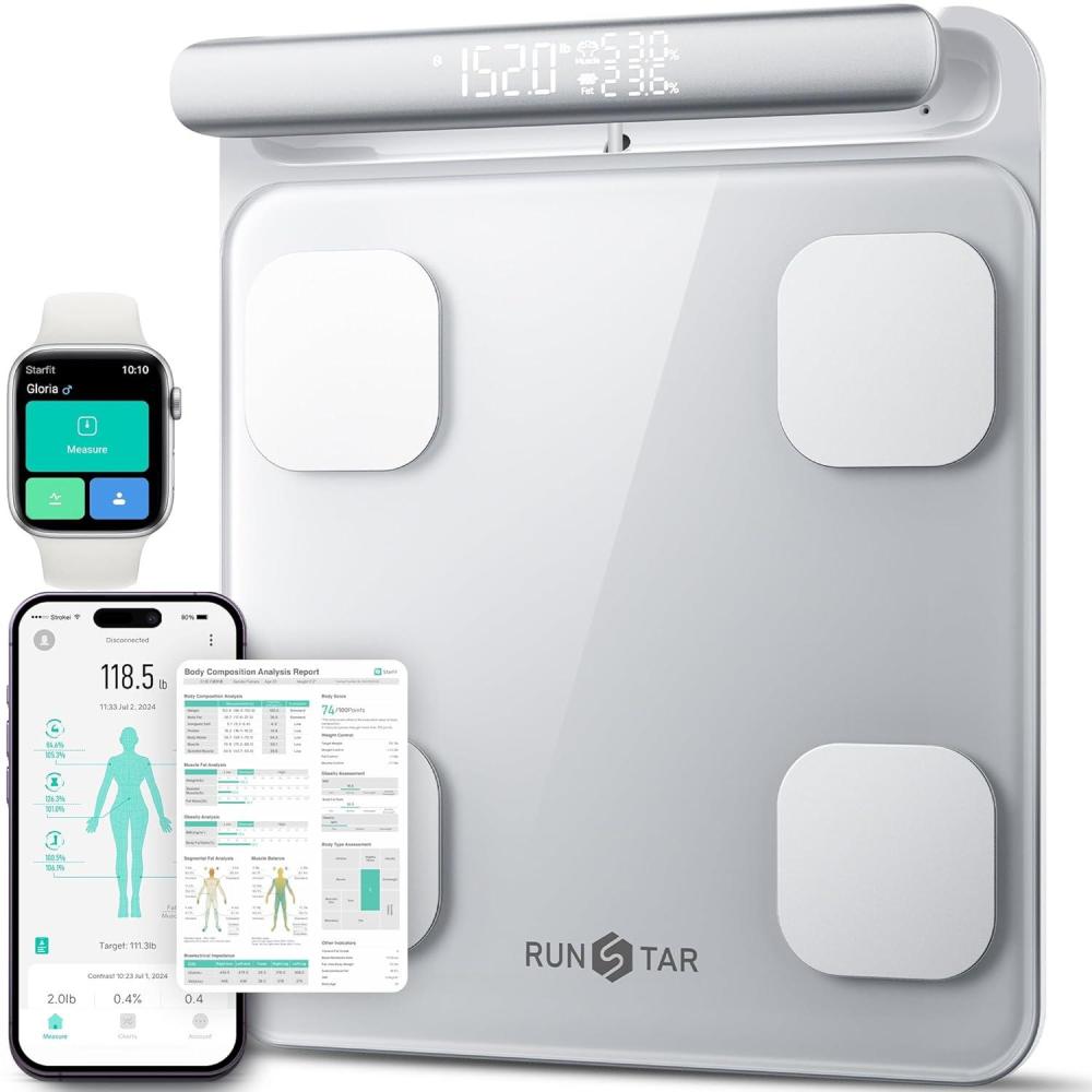 image:imageRunStar Smart Scale for Body Weight FSAampHSA Eligible 8Electrode Digital Bathroom Scale with BMI Body Fat Percentage amp Muscle Mass to 28 Body Composition and Printable Body Analysis ReportSilver