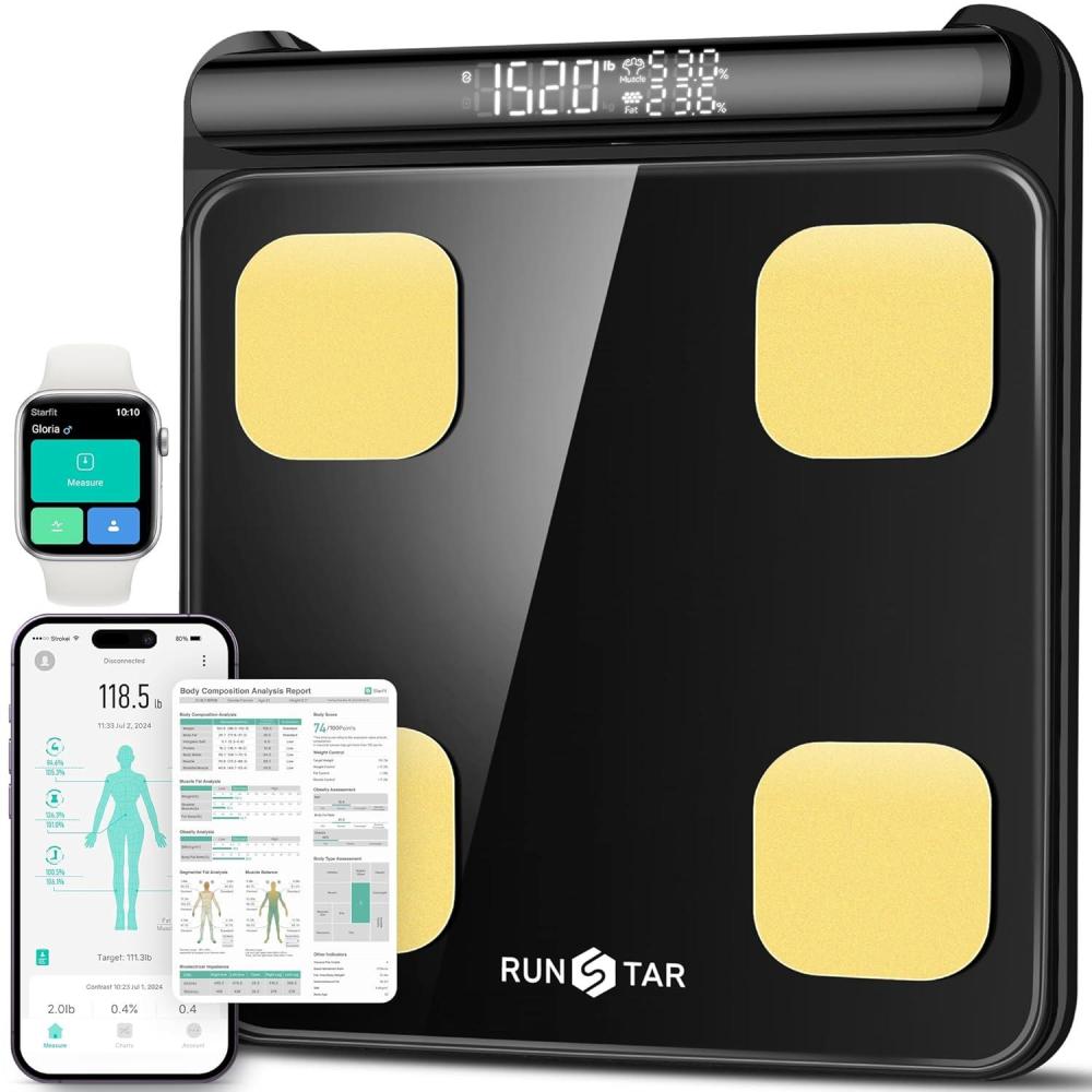 image:imageRunStar Smart Scale for Body Weight FSAampHSA Eligible 8Electrode Digital Bathroom Scale with BMI Body Fat Percentage amp Muscle Mass to 28 Body Composition and Printable Body Analysis ReportBlackgold