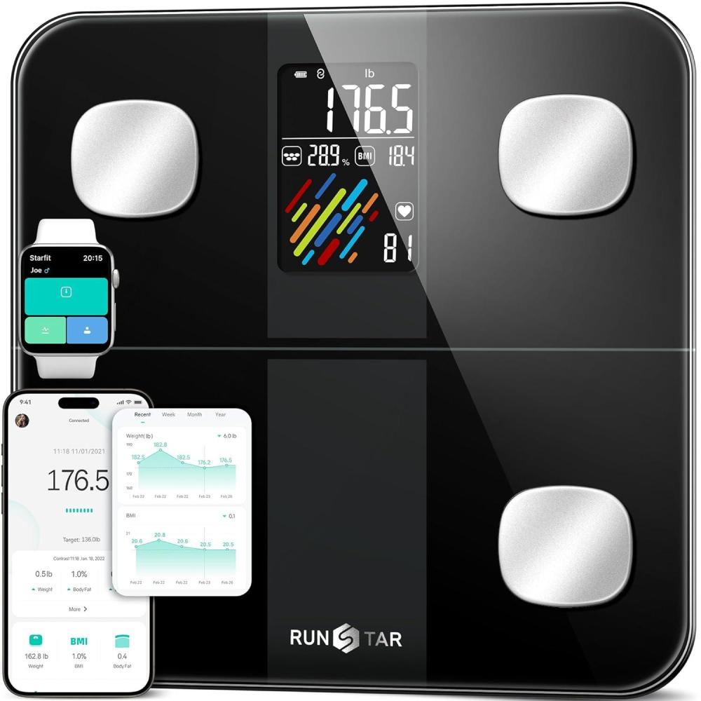 image:imageRunStar Smart Scale for Body Weight and Fat Percentage High Accuracy Digital Bathroom Scale with Large Display for BMI Heart Rate 22 Body Composition Analyzer Sync with Fitness App 400lbLarge
