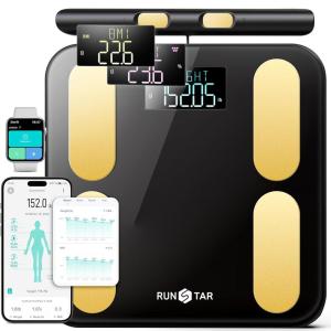 RunStar Digital Bathroom Scale for Body Weight, Body Fat, BMI 28 Measurements, Innovative 8-Electrode Smart Scales FSA&HSA Eligible with Voice Prompt Function High Accurate Bluetooth Weight Machine(Black Gold)