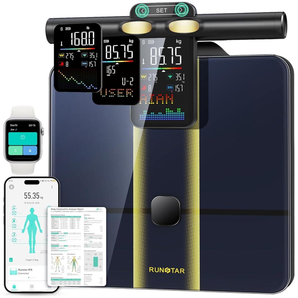 image:imageRunStar Smart Scale for Body Weight 8 Electrodes High Precision Digital Bathroom Scale with Set Functions Handle Body Composition Scale for 28 Metrics 400lbs BlueBlack