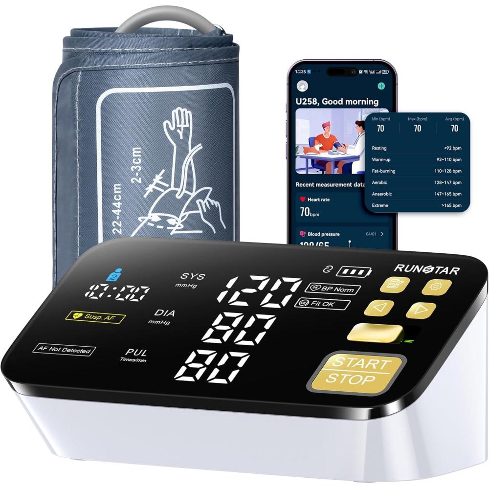 image:imageRunStar Smart Blood Pressure Monitor for Home Use with Wide Upper Arm Blood Pressure Cuff 86 173 FSAampHSA Eligible 65 Clear LED Display AFib Detection Connect App for iOS amp Android